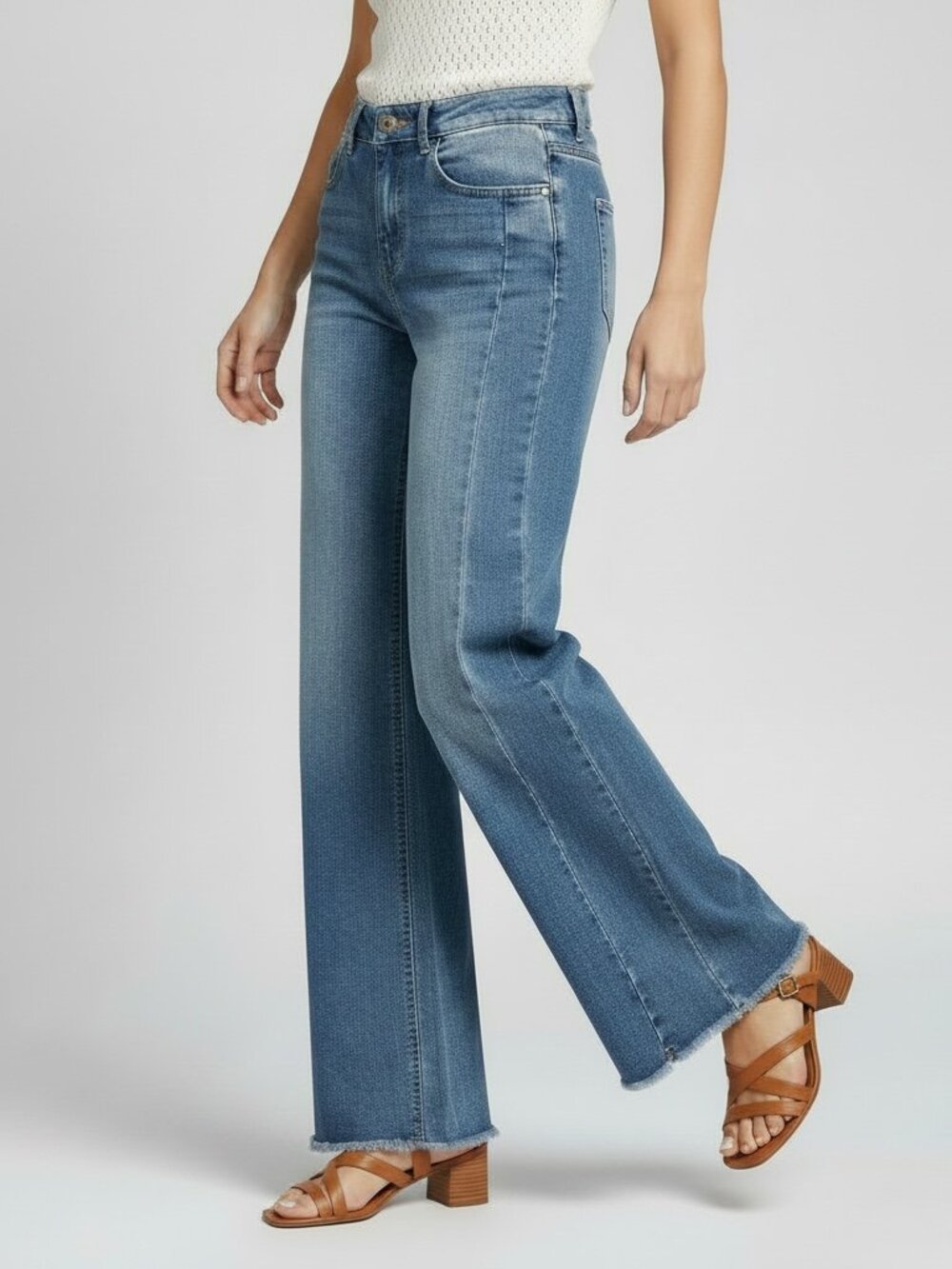 Sidefeel Wide Leg Jeans Size 4 Medium Wash Frayed Hem Boho Chic